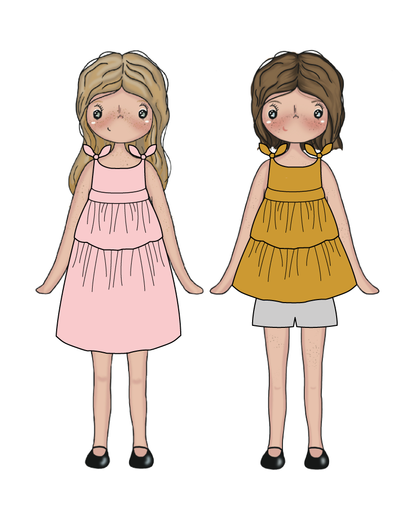 Illustration du patron Laïa pour fille, modèle d'été disponible en version top ou robe avec bretelles à nouer, volant froncé et dos élastiqué.