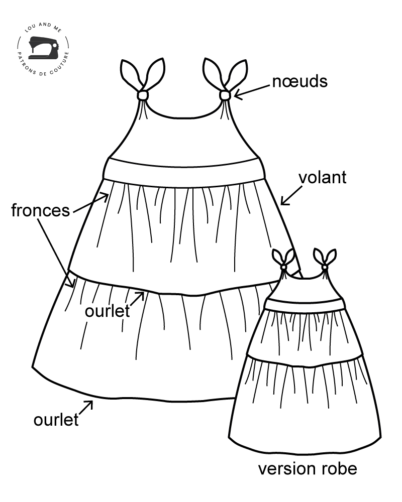 Schéma technique du patron couture Laïa pour fille de 4 à 14 ans, disponible en version top ou robe avec bretelles à nouer, volant froncé et dos élastiqué.